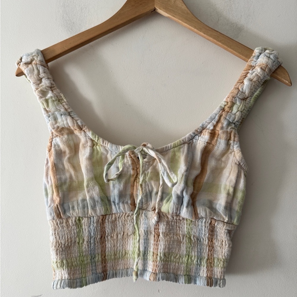 American Eagle Plaid Pastel Earth Tones Smocked Bubble Crop Top